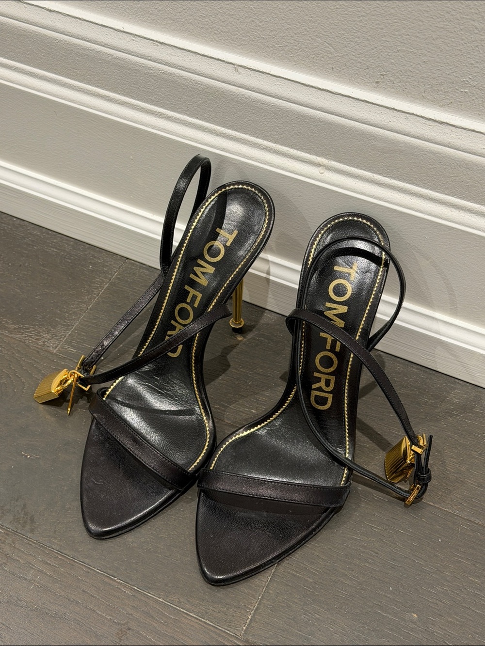 Tom Ford Black Leather Pointed Slingback Heels with Gold Accents